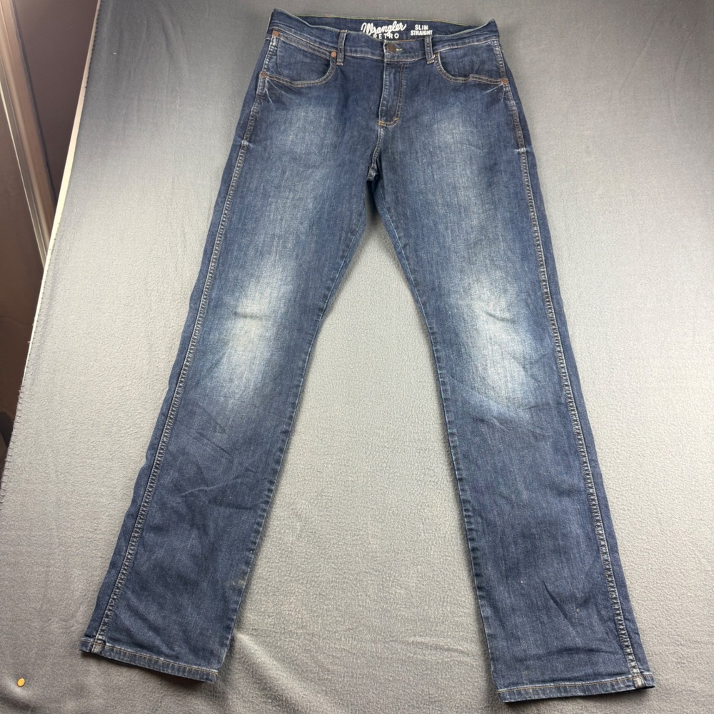 Wrangler Retro Jeans Men's 33x34 Blue Slim Straight Dark Wash Cowboy Rodeo